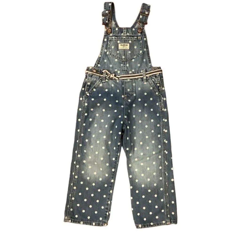 Oshkosh Polka Dot Overalls 3T Blue Denim Bibbed White Circles Tie Belt Vestbak
